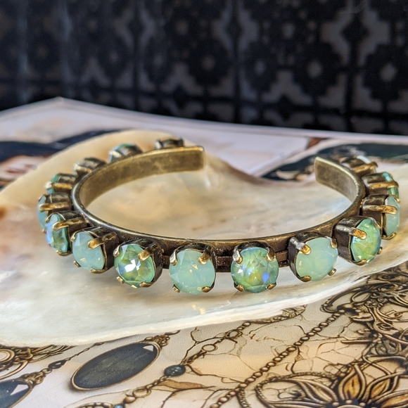 Swarovski Elements Mint Opal & Sage Green Crystals on Cuff Brass Bracelet - Picture 3 of 6